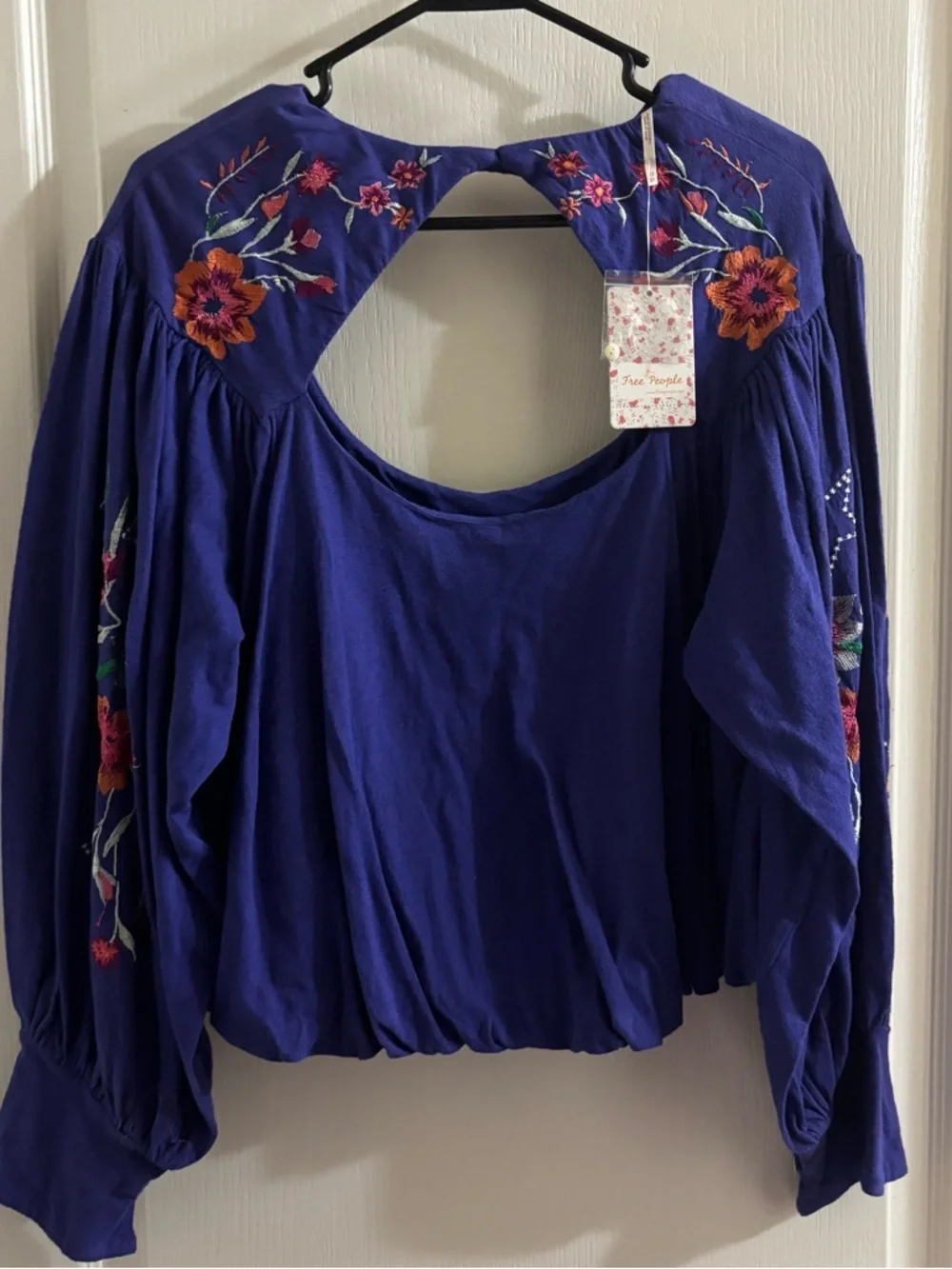 Free People Royal Purple Embroidered Open-Back Peasant Top